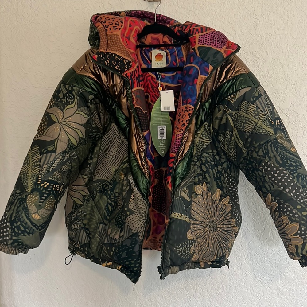 NEW NWT Farm rio green cool leopard reversible puffer jacket Small - Picture 4 of 9
